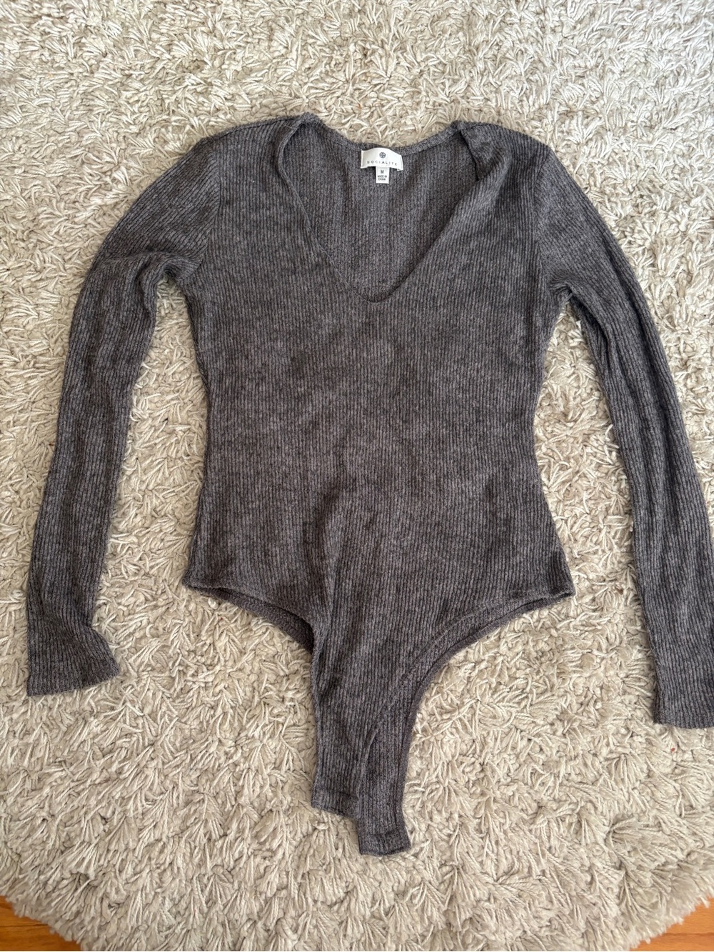 Socialite Ribbed V-Neck Long Sleeve Bodysuit - Charcoal